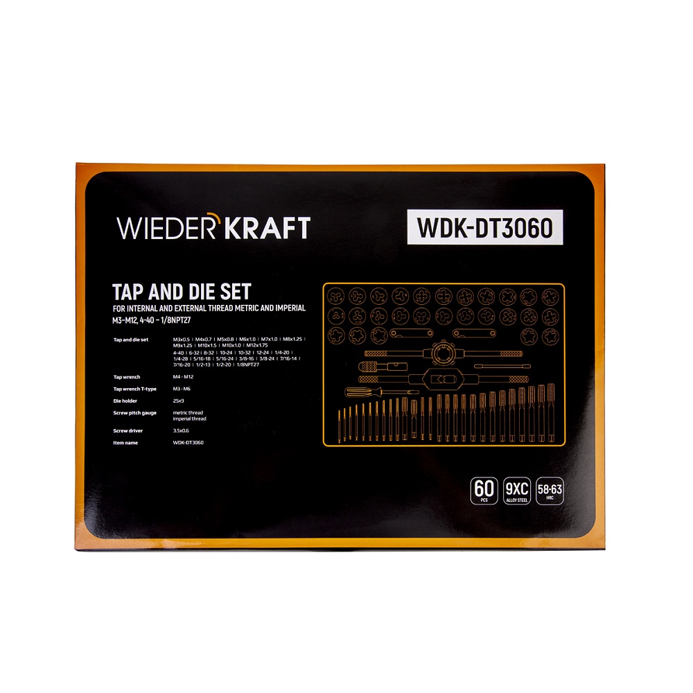WDK-DT3060 Набор метчиков и плашек М3 - 12, 4-40 - 1/8NPT27, 60 предметов, метрическая резьба и дюйм Wiederkraft